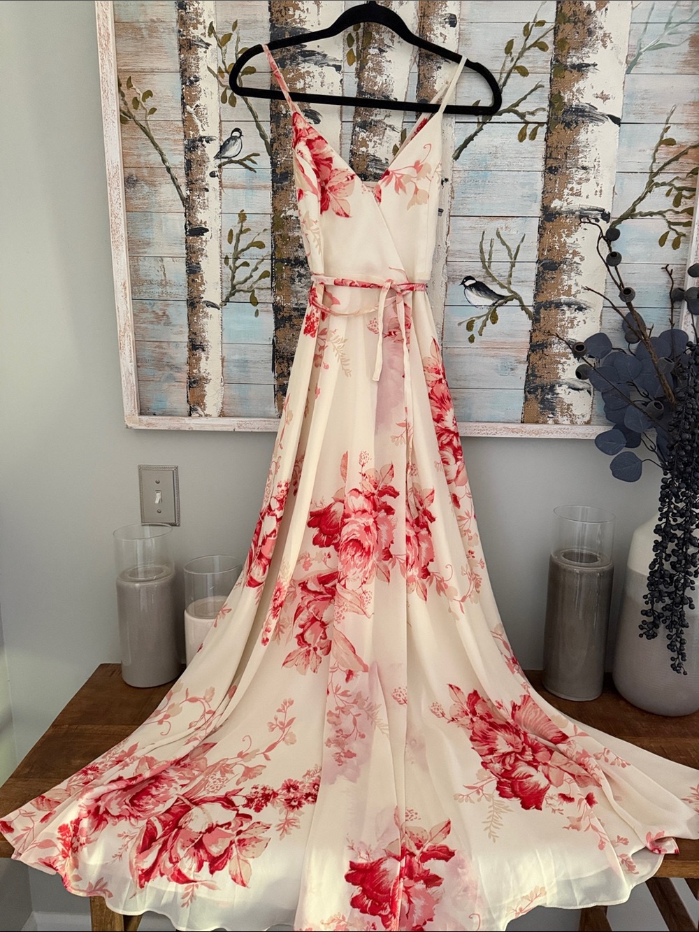 Lulus Floral Ivory and Red Maxi Wrap Dress